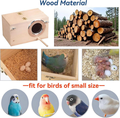 Wooden Bird Nesting Box with Perch for Parakeets, Lovebirds, Parrots, Finches, and Sparrows - Dimensions: 7.8" x 4.7" x 4.7