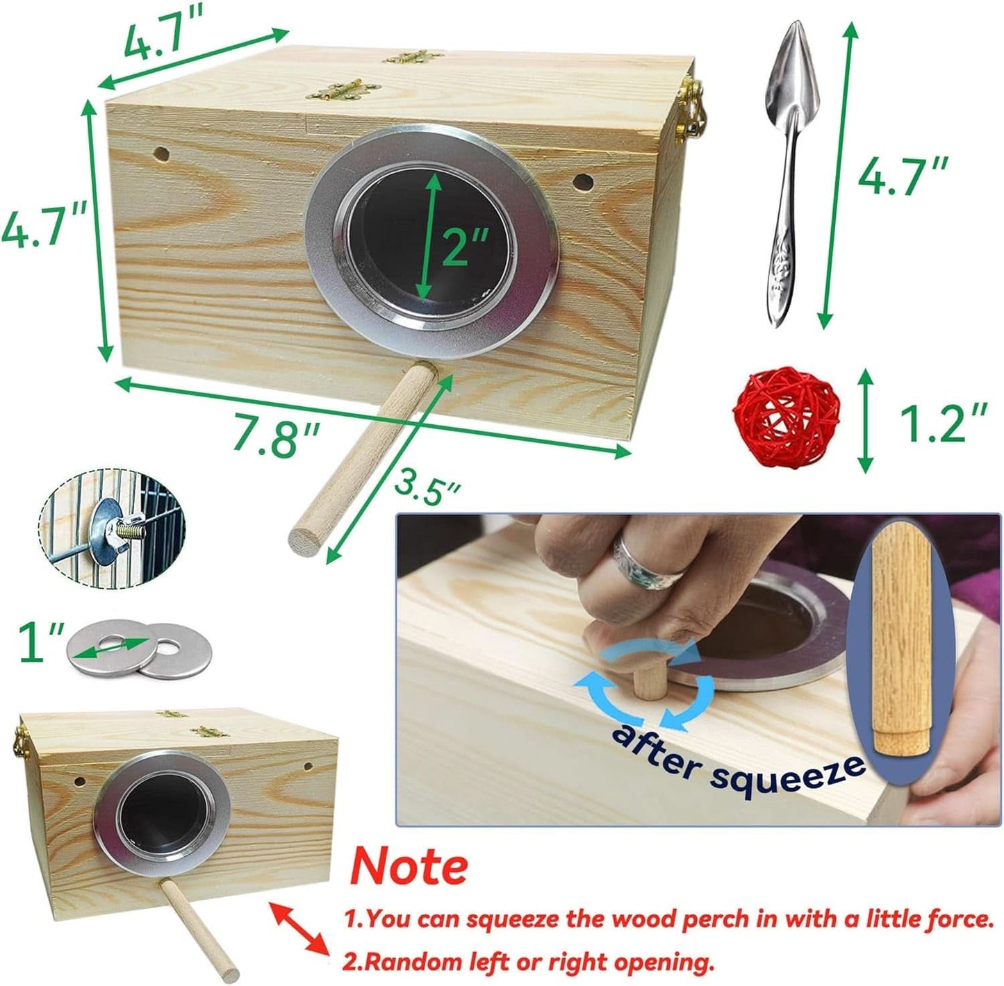 Wooden Bird Nesting Box with Perch for Parakeets, Lovebirds, Parrots, Finches, and Sparrows - Dimensions: 7.8" x 4.7" x 4.7