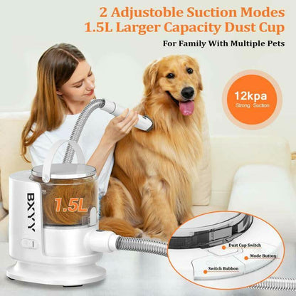 BXYY Professional Dog Grooming Kit and 5-in-1 Pet Vacuum with 99% Suction, 1.5L Dust Cup, Shedding Brush, Electric Clipper, and Hair Remover Roller for Dogs and Cats