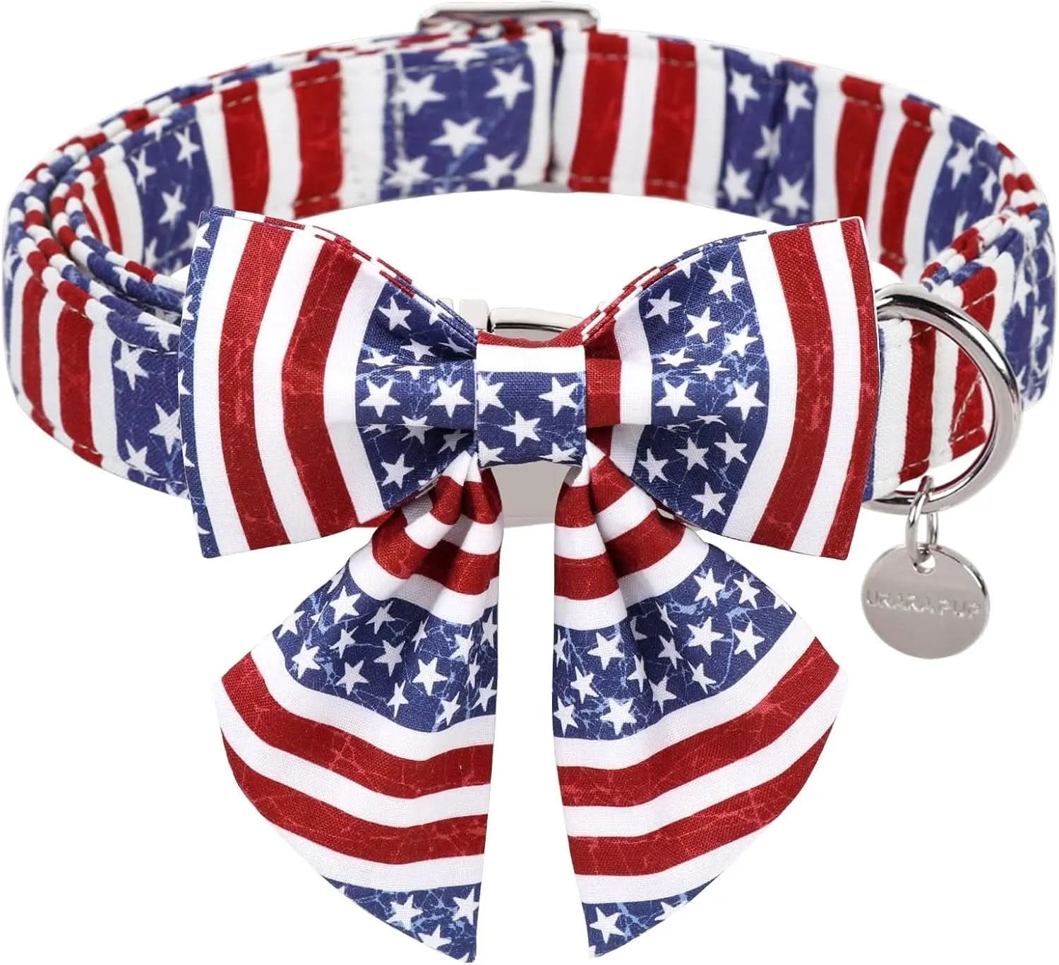 Patriotic Dog Collar with Bow Tie for 4th of July - American Flag Design for Medium Dogs - Comfortable Summer Collar with Metal Buckle