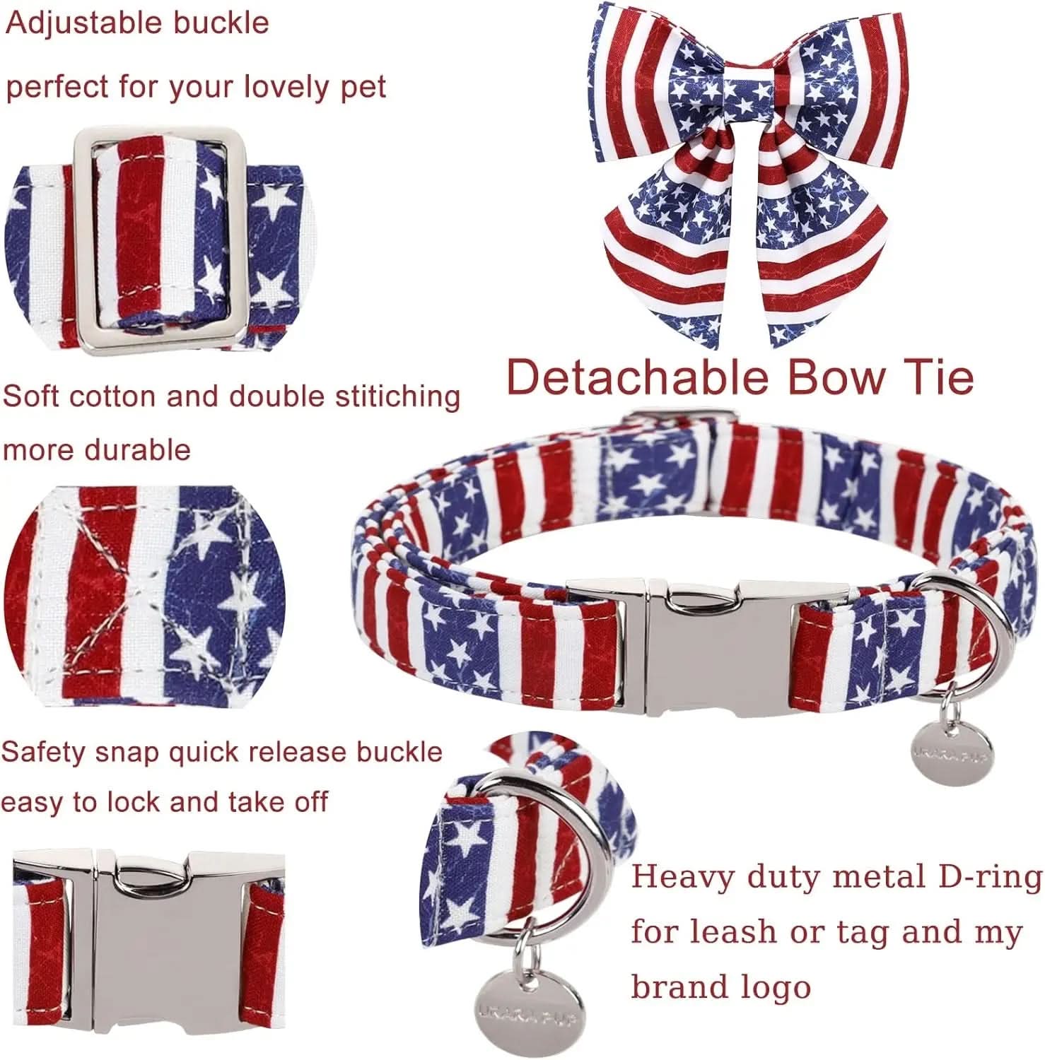 Patriotic Dog Collar with Bow Tie for 4th of July - American Flag Design for Medium Dogs - Comfortable Summer Collar with Metal Buckle