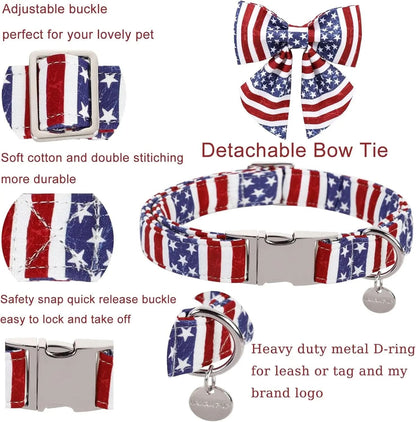 Patriotic Dog Collar with Bow Tie for 4th of July - American Flag Design for Medium Dogs - Comfortable Summer Collar with Metal Buckle