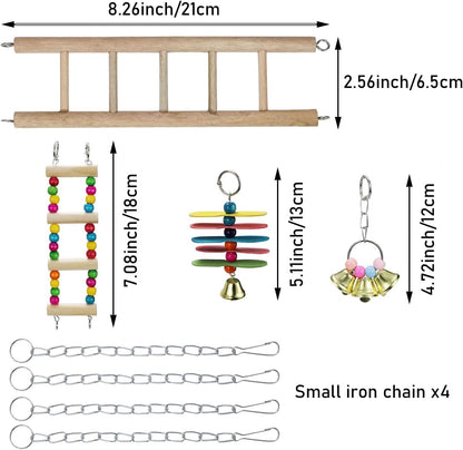 Natural Wood Bird Ladder and Swing Hammock Toy for Small Parrots, Parakeets, Cockatiels, African Greys, Cockatoos, Conures, and Finches - Cage Accessories (B)