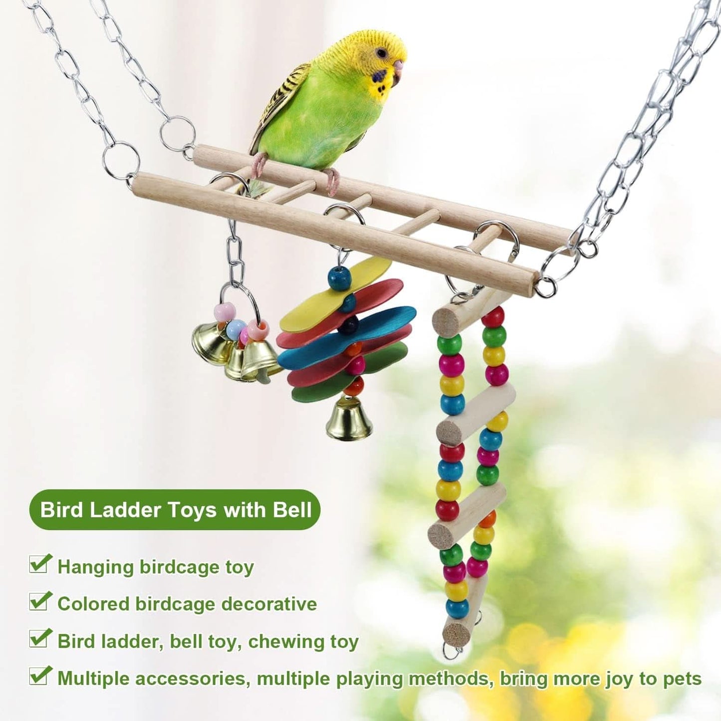 Natural Wood Bird Ladder and Swing Hammock Toy for Small Parrots, Parakeets, Cockatiels, African Greys, Cockatoos, Conures, and Finches - Cage Accessories (B)