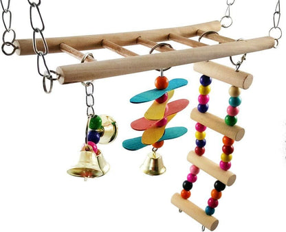 Natural Wood Bird Ladder and Swing Hammock Toy for Small Parrots, Parakeets, Cockatiels, African Greys, Cockatoos, Conures, and Finches - Cage Accessories (B)