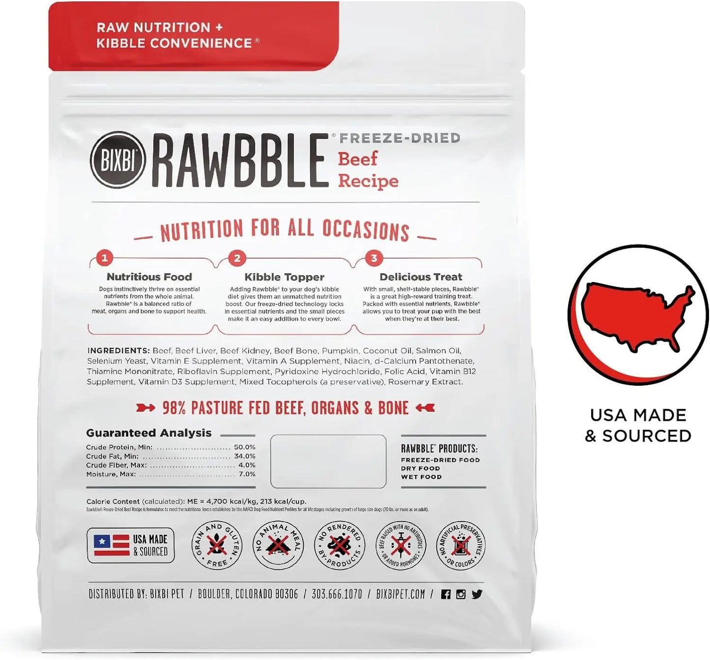 Rawbble Freeze-Dried Dog Food, Beef Recipe, 12 Oz - 98% Meat and Organs, No Fillers - Convenient Raw Dog Food for Meals, Treats, or Food Toppers - Made in the USA in Small Batches