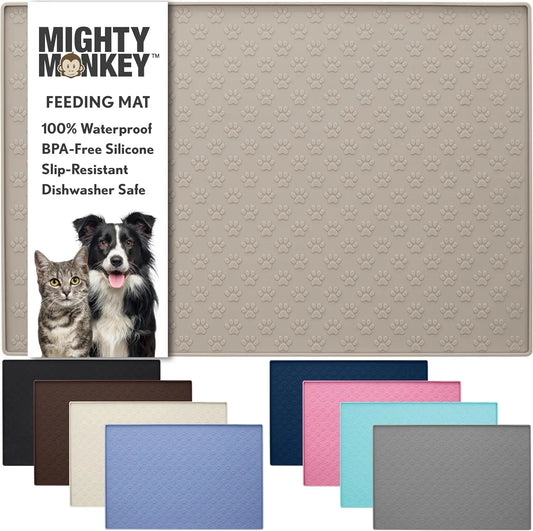 100% Waterproof Silicone Pet Feeding Mat with Raised Edges, Ideal for Dogs and Cats, High-Lipped Design Prevents Spills, Dishwasher Safe, 24x16 inches, Beige