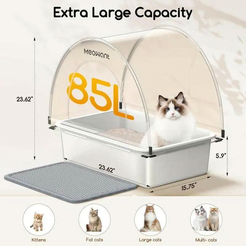 Meowant LB03 3-In-1 Stainless Steel Cat Litter Box 85L Large, Splash-Proof, Odor-Resistant, Detachable Cover, Half-Moon Tent Multi-Functional