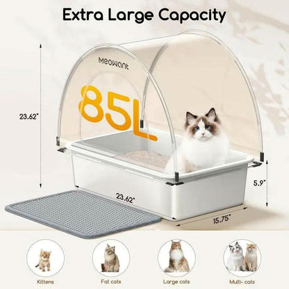 Meowant LB03 3-In-1 Stainless Steel Cat Litter Box 85L Large, Splash-Proof, Odor-Resistant, Detachable Cover, Half-Moon Tent Multi-Functional