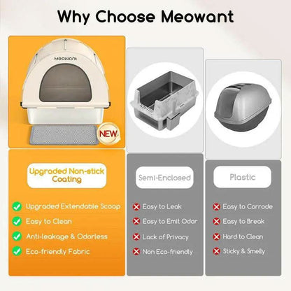 Meowant LB03 3-In-1 Stainless Steel Cat Litter Box 85L Large, Splash-Proof, Odor-Resistant, Detachable Cover, Half-Moon Tent Multi-Functional