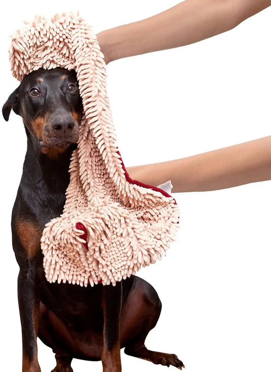 Soggy Doggy Super Shammy Microfiber Chenille Towel for Efficient Dog Drying and Paw Cleaning - Quick-Dry Design with Hand Pockets (Beige/Red Trim, 31” x 14”)