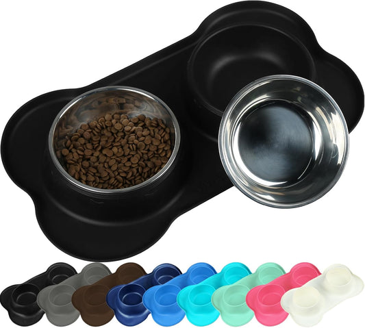 Stainless Steel Dog and Cat Bowls with Non-Spill Skid-Resistant Silicone Mat, Large, Black