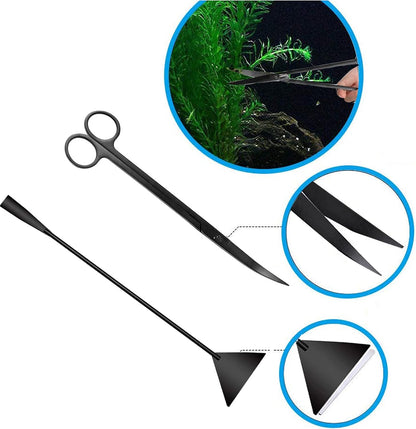 4-in-1 Stainless Steel Aquascaping Tool Set for Aquatic Plants - Scissors, Tweezers, and Spatula for Aquarium Starter Kits (Black)