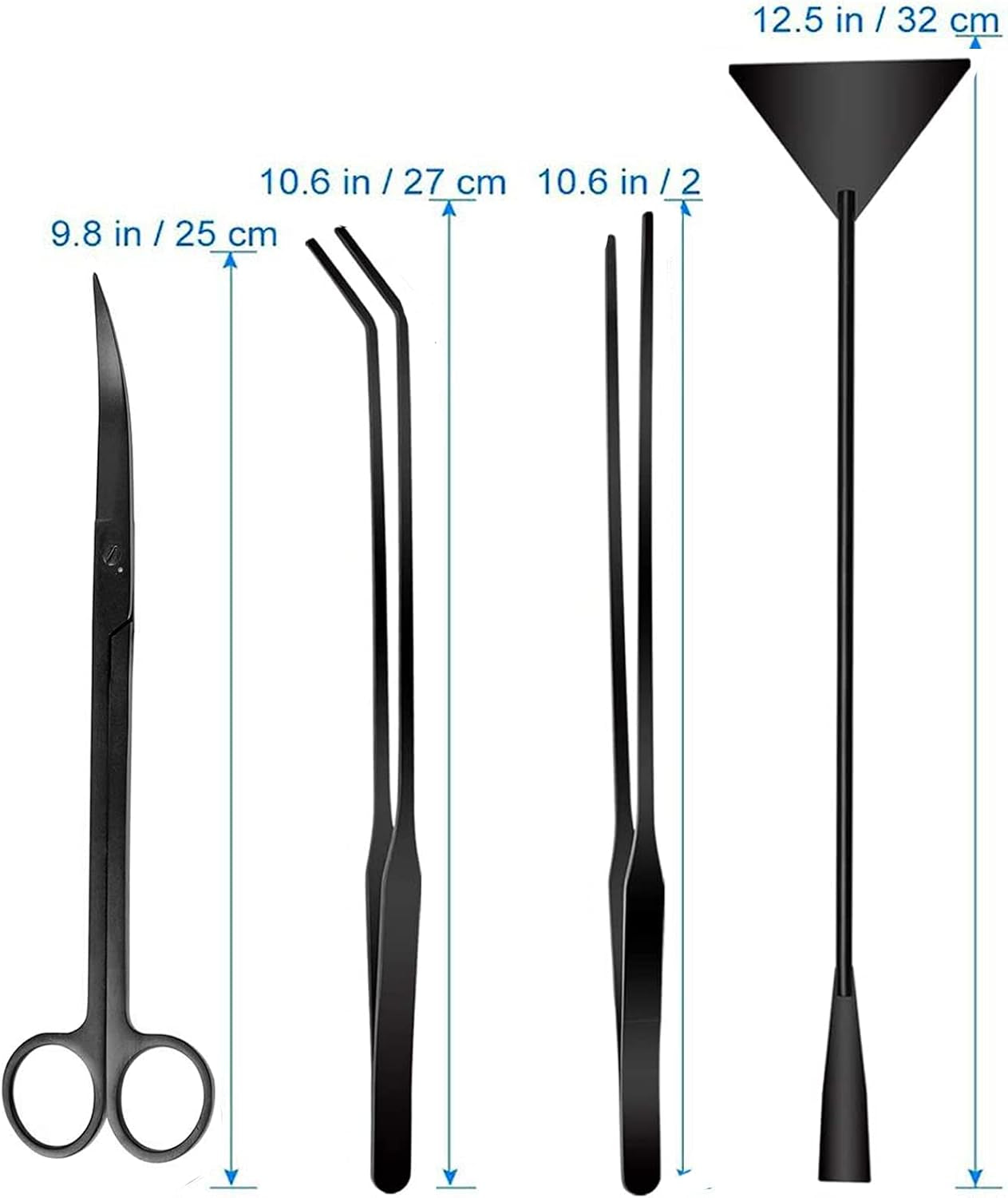 4-in-1 Stainless Steel Aquascaping Tool Set for Aquatic Plants - Scissors, Tweezers, and Spatula for Aquarium Starter Kits (Black)