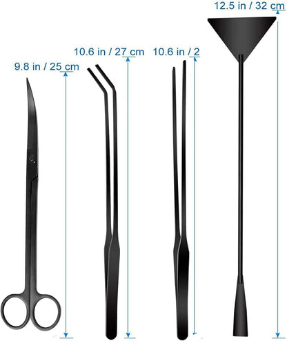 4-in-1 Stainless Steel Aquascaping Tool Set for Aquatic Plants - Scissors, Tweezers, and Spatula for Aquarium Starter Kits (Black)