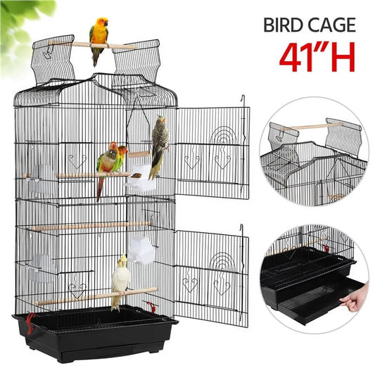 41" Four Feeders Double-Door Metal Birdcage with Slide-Out Tray, Black