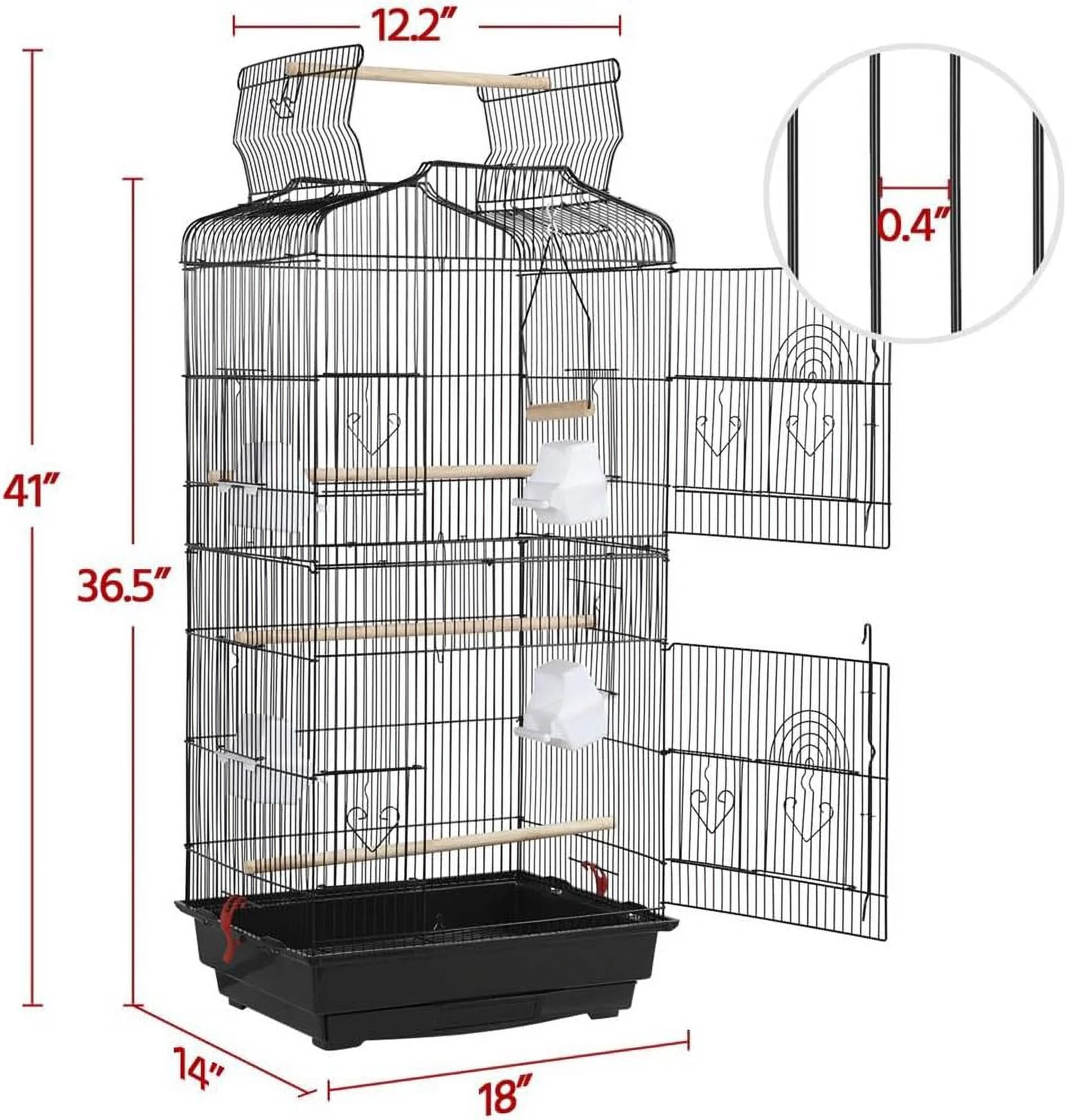 41'' H Open Top Metal Bird Cage with Four Feeders, Black