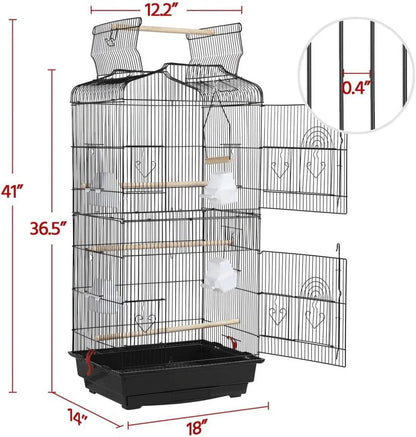 41'' H Open Top Metal Bird Cage with Four Feeders, Black