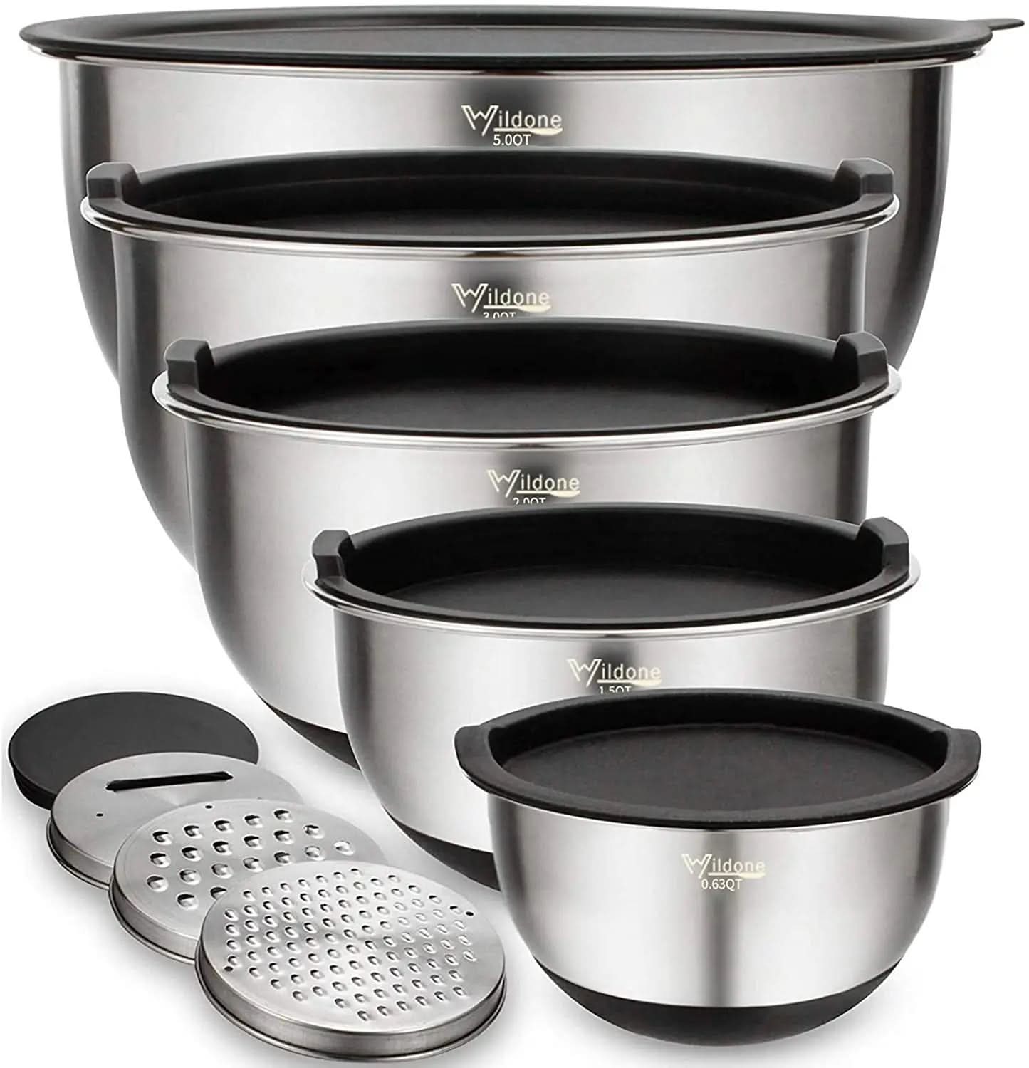 5-Piece Stainless Steel Mixing Bowl Set with Airtight Lids, Grater Attachments, and Non-Slip Bottoms - Ideal for Mixing and Serving, Sizes 5QT, 3QT, 2QT, 1.5QT, and 0.63QT