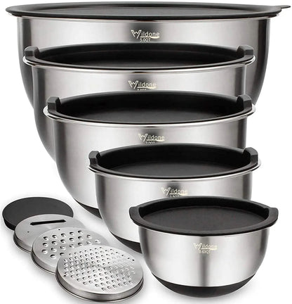 5-Piece Stainless Steel Mixing Bowl Set with Airtight Lids, Grater Attachments, and Non-Slip Bottoms - Ideal for Mixing and Serving, Sizes 5QT, 3QT, 2QT, 1.5QT, and 0.63QT