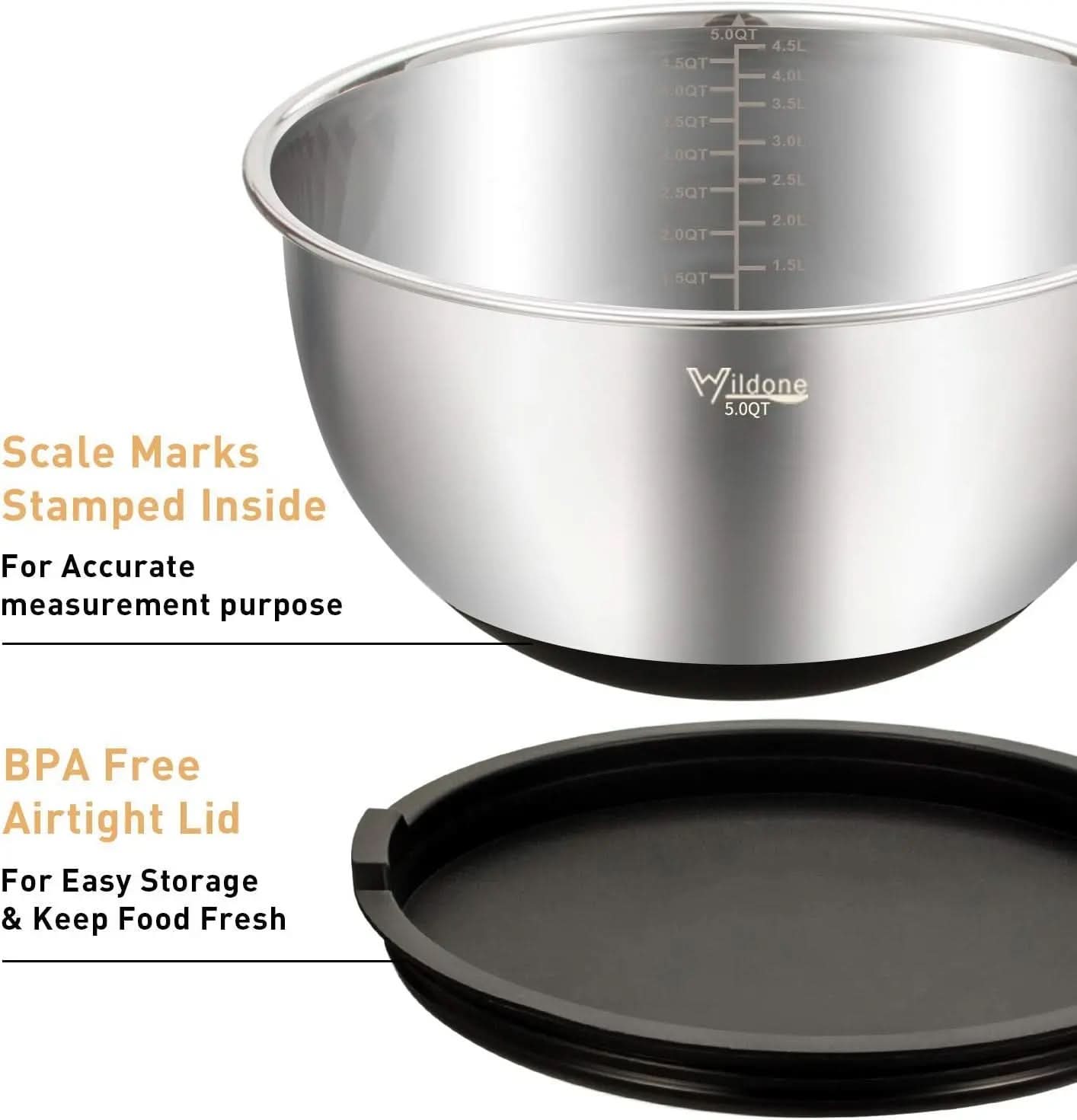 5-Piece Stainless Steel Mixing Bowl Set with Airtight Lids, Grater Attachments, and Non-Slip Bottoms - Ideal for Mixing and Serving, Sizes 5QT, 3QT, 2QT, 1.5QT, and 0.63QT