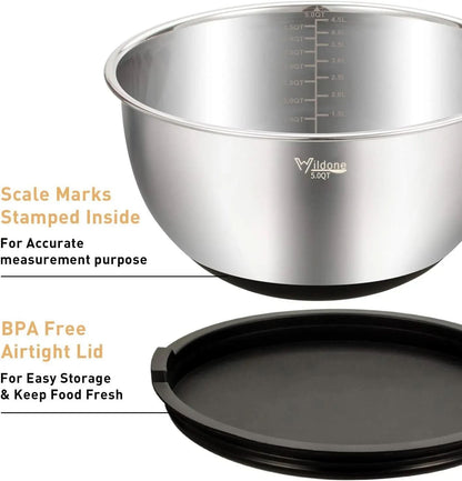 5-Piece Stainless Steel Mixing Bowl Set with Airtight Lids, Grater Attachments, and Non-Slip Bottoms - Ideal for Mixing and Serving, Sizes 5QT, 3QT, 2QT, 1.5QT, and 0.63QT