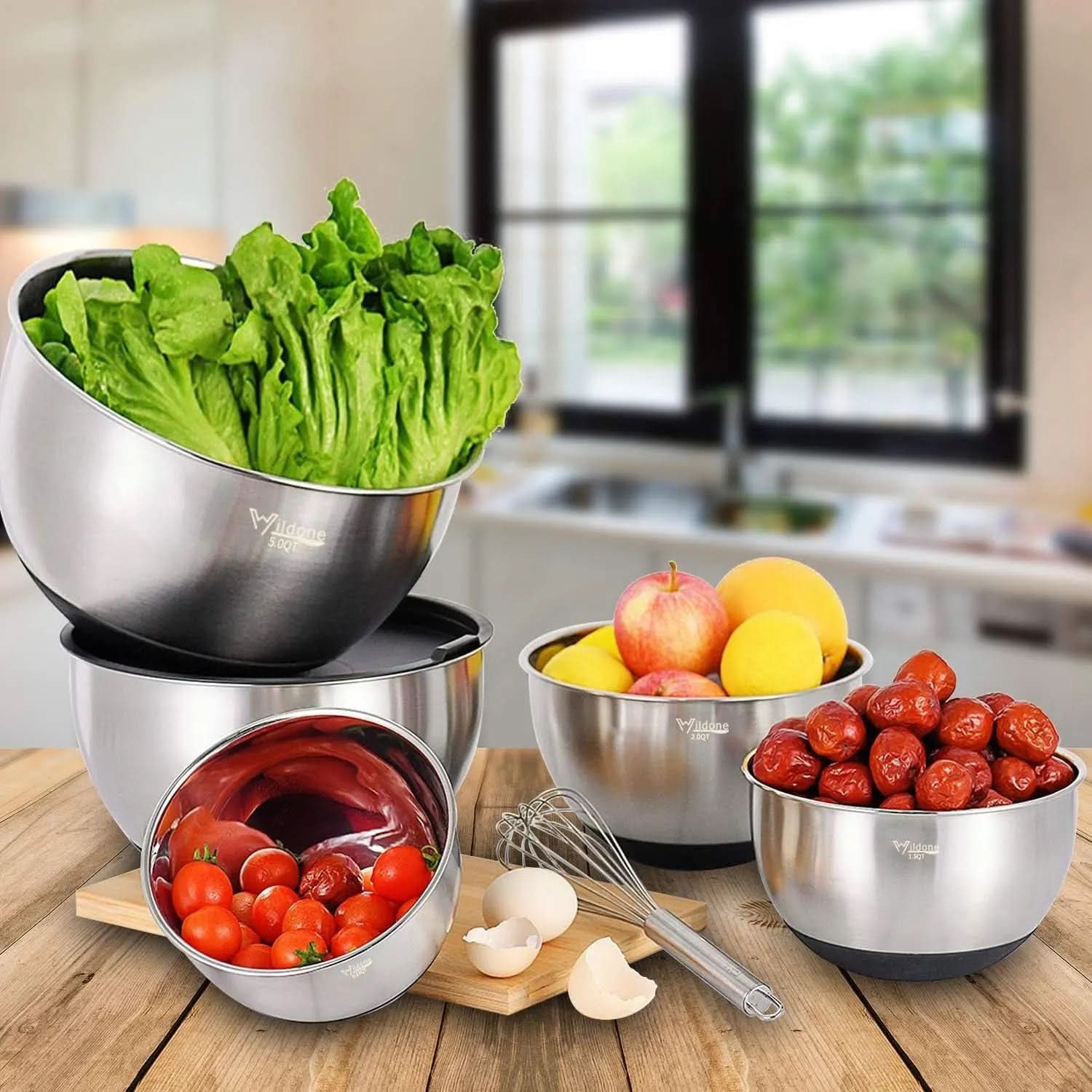5-Piece Stainless Steel Mixing Bowl Set with Airtight Lids, Grater Attachments, and Non-Slip Bottoms - Ideal for Mixing and Serving, Sizes 5QT, 3QT, 2QT, 1.5QT, and 0.63QT