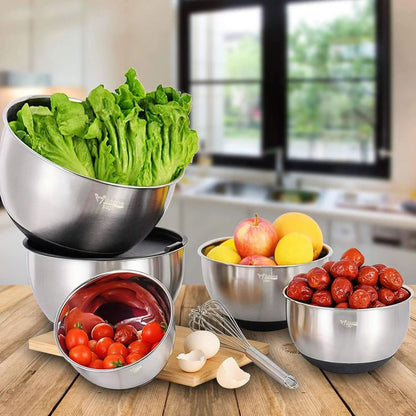 5-Piece Stainless Steel Mixing Bowl Set with Airtight Lids, Grater Attachments, and Non-Slip Bottoms - Ideal for Mixing and Serving, Sizes 5QT, 3QT, 2QT, 1.5QT, and 0.63QT
