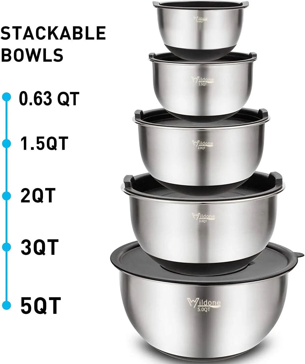 5-Piece Stainless Steel Mixing Bowl Set with Airtight Lids, Grater Attachments, and Non-Slip Bottoms - Ideal for Mixing and Serving, Sizes 5QT, 3QT, 2QT, 1.5QT, and 0.63QT