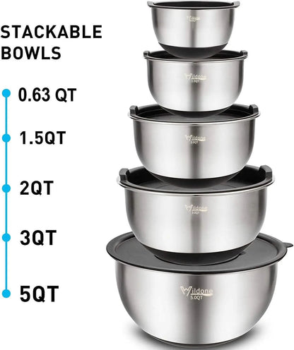 5-Piece Stainless Steel Mixing Bowl Set with Airtight Lids, Grater Attachments, and Non-Slip Bottoms - Ideal for Mixing and Serving, Sizes 5QT, 3QT, 2QT, 1.5QT, and 0.63QT