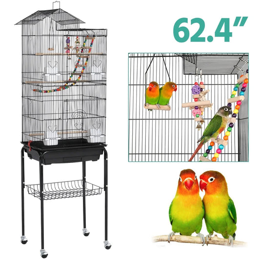 62.4"H Metal Rolling Mid-Size Bird Cage with Detachable Stand, Black