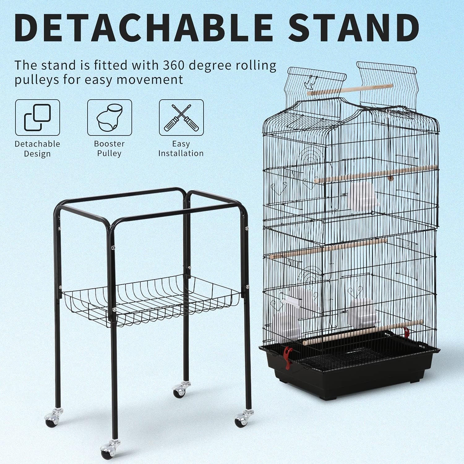 64-Inch Open Top Bird Cage with Rolling Stand for Parakeets, Cockatiels, Parrots, and Lovebirds - Black, Dimensions: 18" W x 14" D x 62" H