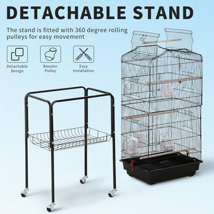 64-Inch Open Top Bird Cage with Rolling Stand for Parakeets, Cockatiels, Parrots, and Lovebirds - Black, Dimensions: 18" W x 14" D x 62" H