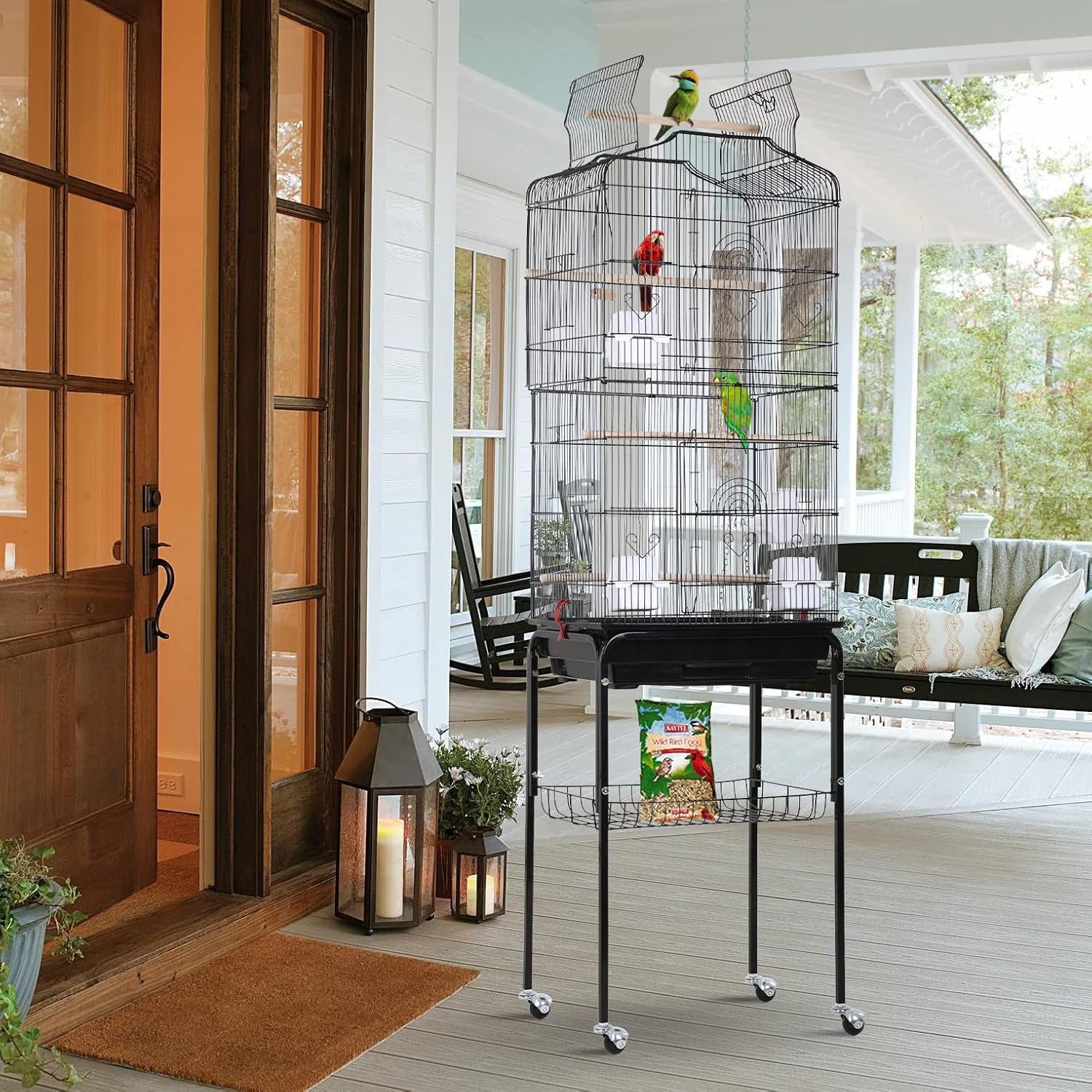 64-Inch Open Top Bird Cage with Rolling Stand for Parakeets, Cockatiels, Parrots, and Lovebirds - Black, Dimensions: 18" W x 14" D x 62" H