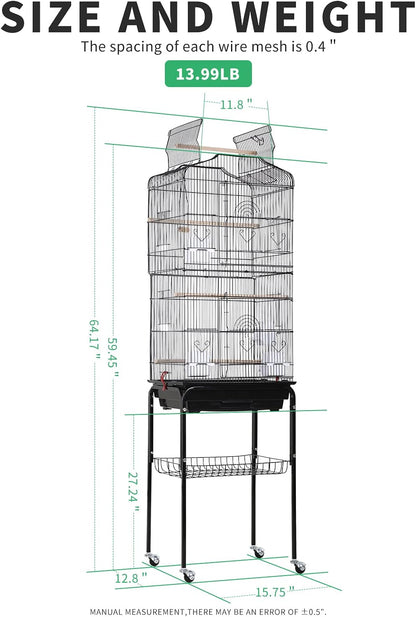 64-Inch Open Top Bird Cage with Rolling Stand for Parakeets, Cockatiels, Parrots, and Lovebirds - Black, Dimensions: 18" W x 14" D x 62" H
