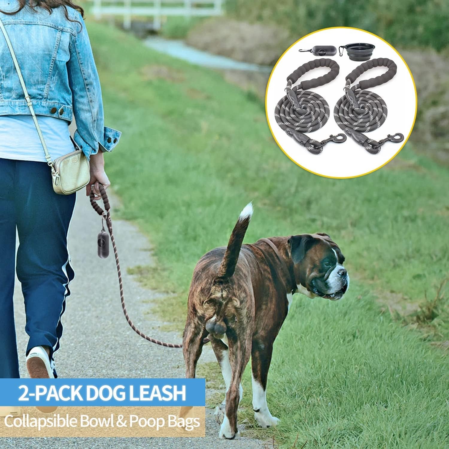 2-Pack 5/6 FT Dog Leash Set with Padded Handle and Reflective Threads for Small, Medium, and Large Dogs (5FT-1/2'', Black)