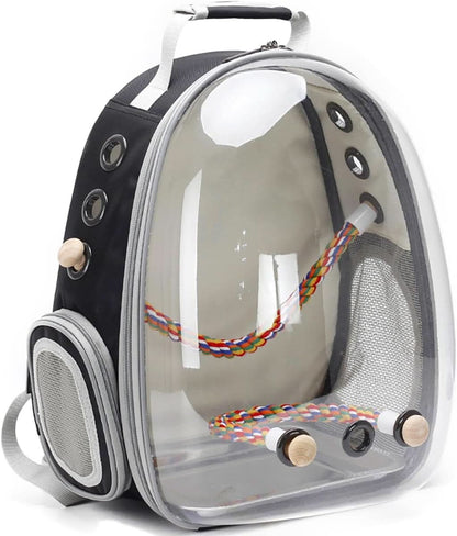 Premium Bird Travel Carrier, Transparent Space Capsule Backpack for Parakeets, Cockatiels, and Parrots with Metal Tray and Wood Perch, Ideal for Veterinary Transport and School Use