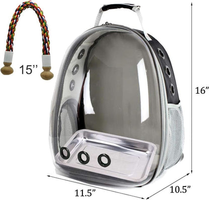 Premium Bird Travel Carrier, Transparent Space Capsule Backpack for Parakeets, Cockatiels, and Parrots with Metal Tray and Wood Perch, Ideal for Veterinary Transport and School Use