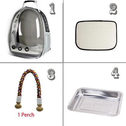 Premium Bird Travel Carrier, Transparent Space Capsule Backpack for Parakeets, Cockatiels, and Parrots with Metal Tray and Wood Perch, Ideal for Veterinary Transport and School Use