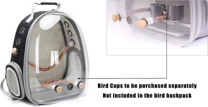 Premium Bird Travel Carrier, Transparent Space Capsule Backpack for Parakeets, Cockatiels, and Parrots with Metal Tray and Wood Perch, Ideal for Veterinary Transport and School Use