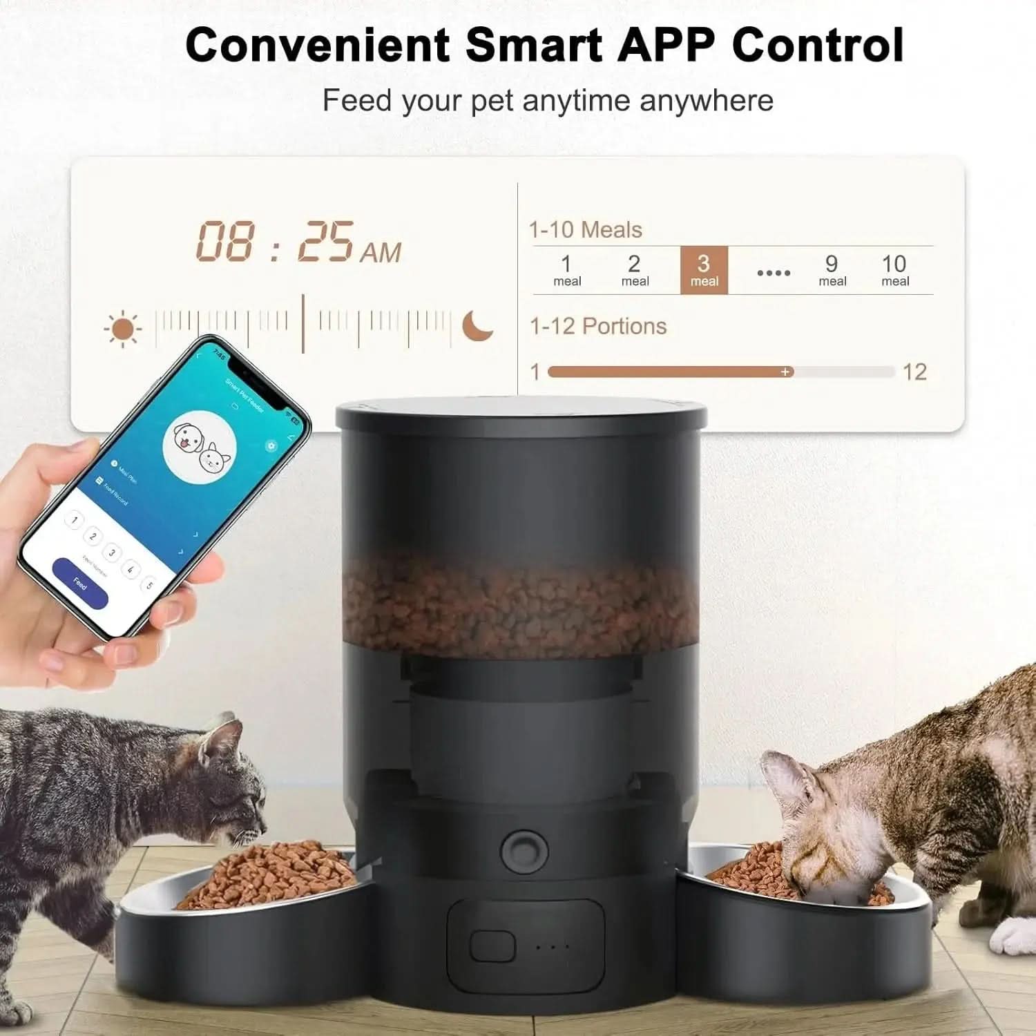 Eotvia Automatic Cat Feeder, Wifi Smart Food Dispenser with APP Control for Remote Feeding with 10S Dining Voice Record, Dual Power Supply, Timed Pet Feeder Programmable 1-10 Meals, 3L, Black