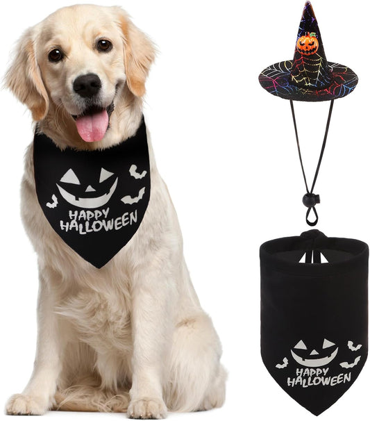Halloween Dog Bandanas with Adorable Wizard Hat and Pumpkin Design - Costumes and Decorations for Small to Large Dogs