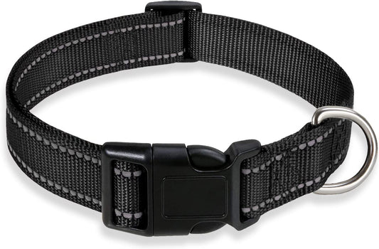 Adjustable Reflective Nylon Dog Collar with Buckle for Small, Medium, and Large Dogs - Black, Medium Size