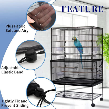 Premium Bird Cage Cover and Seed Catcher, Adjustable Soft Nylon Mesh Skirt for Parrots, Parakeets, Macaws, and Round or Square Cages (Black)