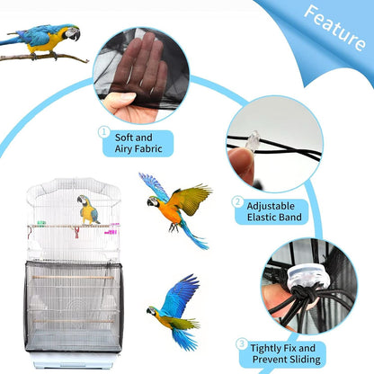 Universal Bird Cage Cover - Adjustable Soft Mesh Net for Parrots, Seed and Feather Catcher, Sheer Guard for Round and Square Cages (Black)