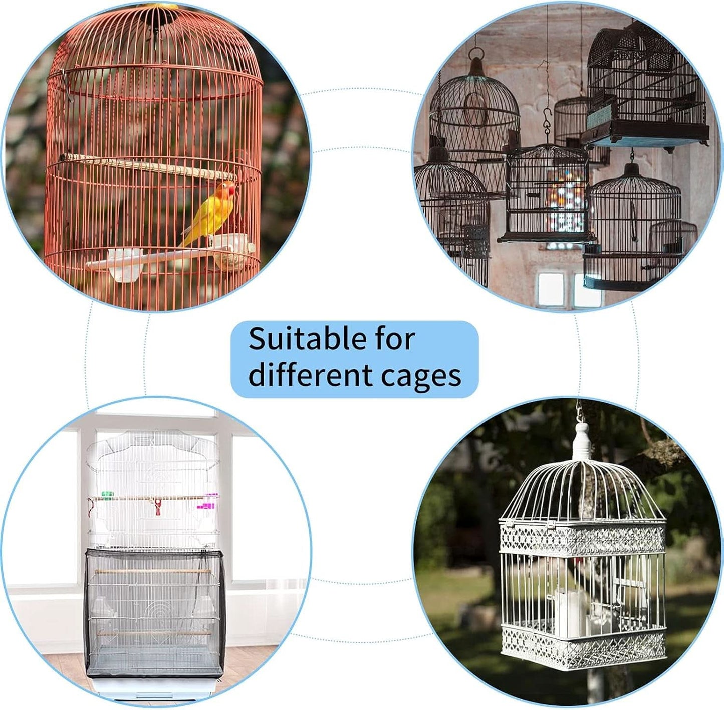 Universal Bird Cage Cover - Adjustable Soft Mesh Net for Parrots, Seed and Feather Catcher, Sheer Guard for Round and Square Cages (Black)