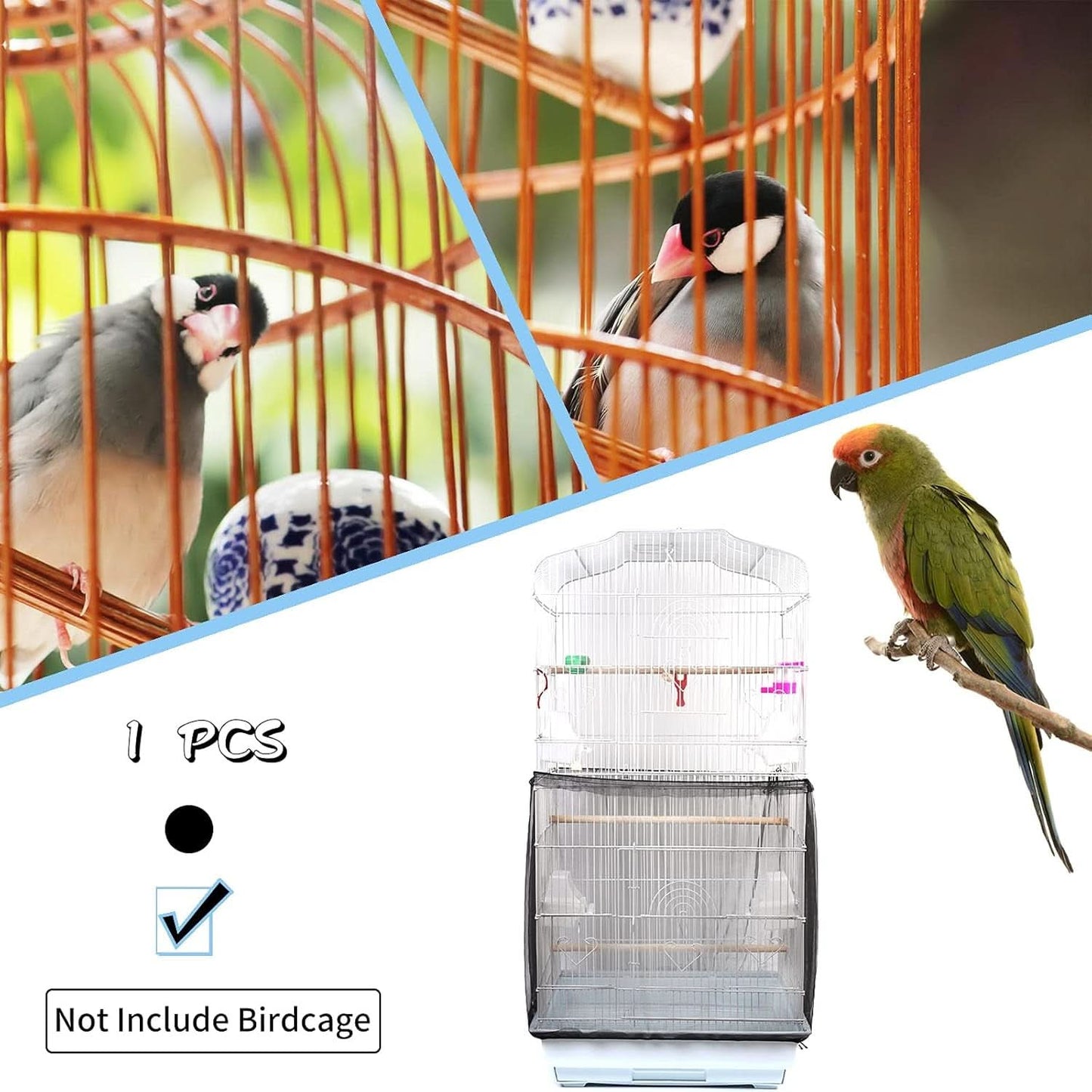Universal Bird Cage Cover - Adjustable Soft Mesh Net for Parrots, Seed and Feather Catcher, Sheer Guard for Round and Square Cages (Black)
