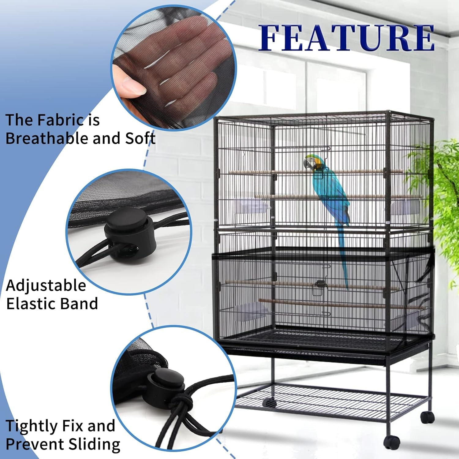 Set of 2 Large Bird Cage Covers, Adjustable Parrot Nylon Soft Mesh Net, Universal Seed and Feather Catcher, Sheer Guard Skirt for Round and Square Cages for Parakeets and Macaws