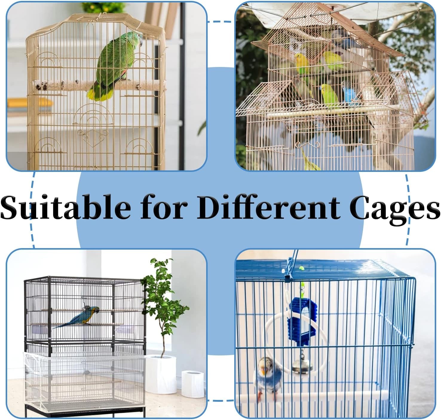 Set of 2 Large Bird Cage Covers, Adjustable Parrot Nylon Soft Mesh Net, Universal Seed and Feather Catcher, Sheer Guard Skirt for Round and Square Cages for Parakeets and Macaws