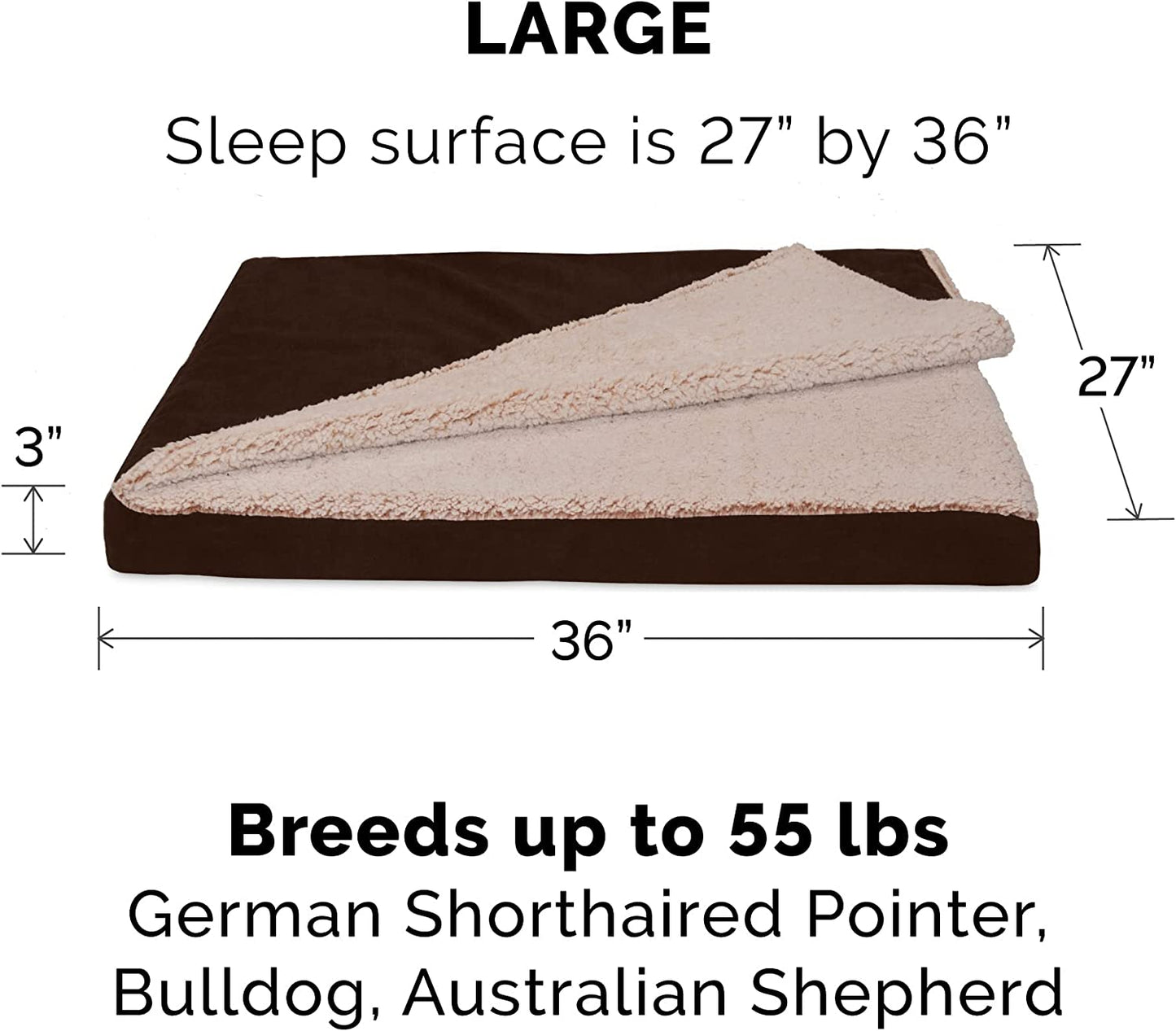 Large Medium Dog Cooling Gel Bed with Removable Washable Cover for Dogs up to 55 lbs - Berber & Suede Top Mattress - Espresso